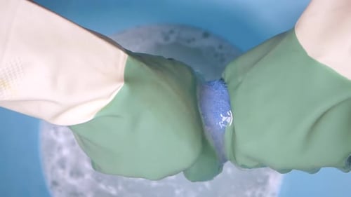 Gloved Hands Wringing Rag for Cleaning