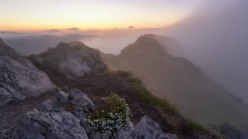 Clouds Blow Over the Rocky Peaks of the Mountain