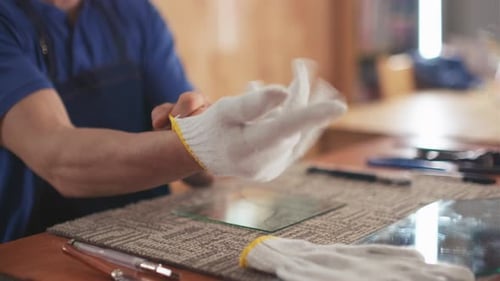 Man Putting on Gloves while Working with Glass Pieces in Studio