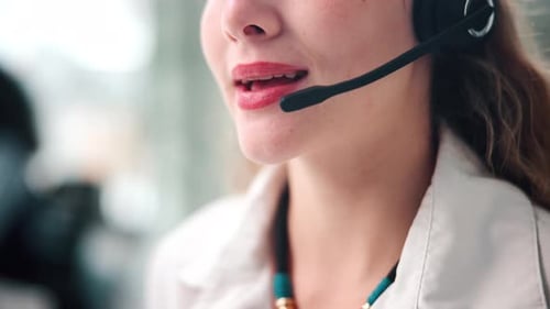 Customer service, woman and closeup with headset in office for telemarketing