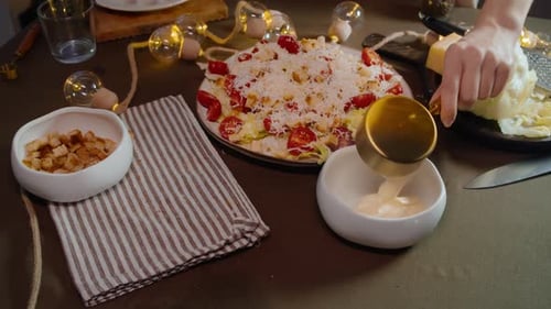 Cook Serves Plate of White Sour Creambased Sauce with Mayonnaise Garlic and Herbs It is Suitable for