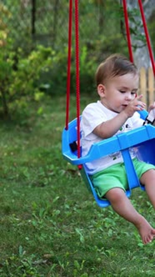 Peaceful Caucasian baby boy swaying in the blue swing in the garden.