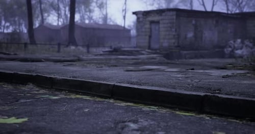 Abandoned Buildings Surrounded By Overgrown Landscape in the Twilight