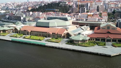 Halic Congress Center in Istanbul, drone low flight, zooming-in
