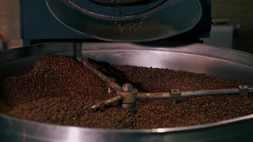Closeup of a Coffee Roasting Factory Inside Drum Roasting Stirring Coffee