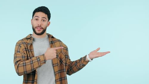 Show, mockup or happy man in studio by discount deal or sale on menu space for advertising