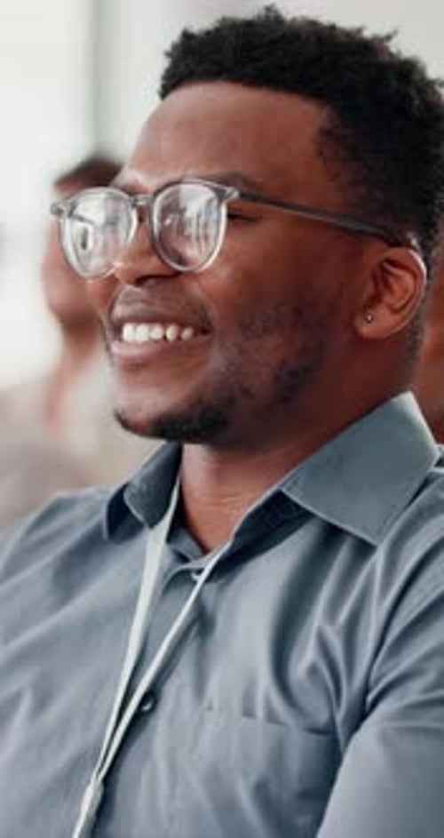 Audience, applause and business black man in office for conference, workshop and training