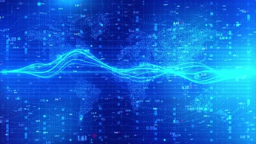 Fondo futurista de finanzas y bolsa con mapamundi y líneas onduladas