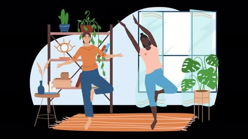 Deux femmes pratiquant le yoga dans une pièce lumineuse avec des plantes