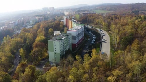 Aerial View From a Drone Row of Colorful Houses and a Road in a Suburban Area Surrounded By Trees