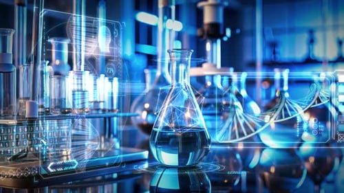Futuristic Science Lab with DNA and Digital Interface Display