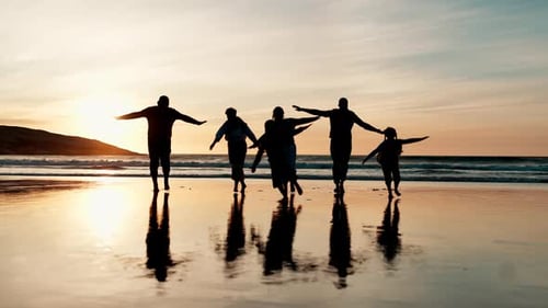 Family, game and plane on beach at sunset playing with freedom and silhouette of travel on holiday