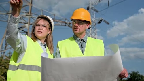 Power Line Inspectors Analyzing Drawings During Audit of Transmission Towers
