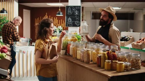 Vendor Informs Client in Bio Food Store