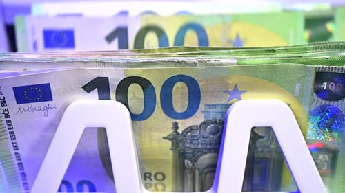 Close up of 100 Euro Banknotes on Display in a Currency Exchange Office