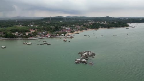 Sea with a rocky shoreline. Aerial view Tanjong Bidara, Melaka