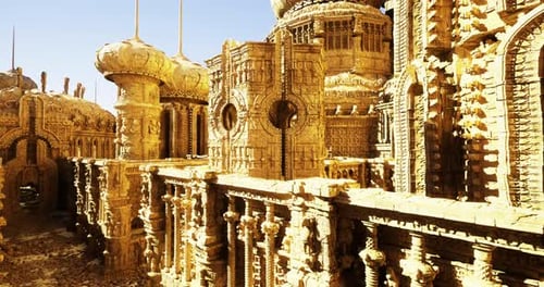 Intricate Architecture Showcases Golden Structures in Fantastical Landscape