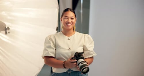 Face, woman and photographer in studio with camera, pride or entrepreneurship for creative career