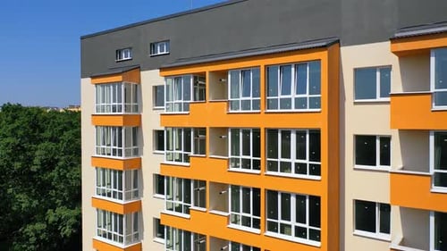 Modern highrise apartment house. Drone view above of new apartment building