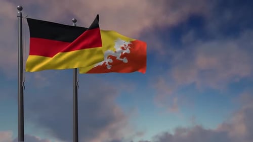Realistic Waving Flags of Germany and Bhutan in Cloudy Sky
