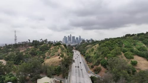 Los Angeles Freeway and A View of the Los Angeles Skyline