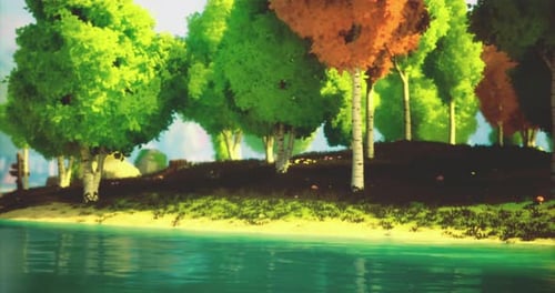 Lush Green Landscape with Colorful Trees Near Serene Water During Afternoon