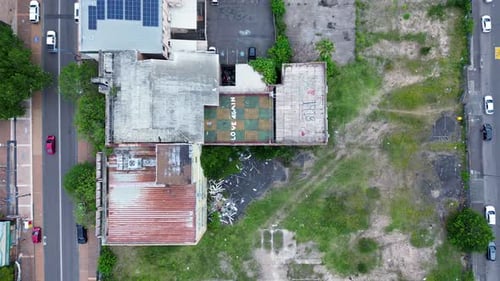 Drone aerial view of main street Gosford abandoned derelict building site vacant block haunted roof