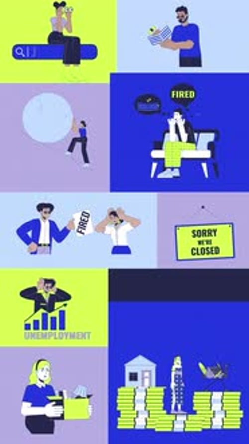 Unemployment and economic struggles bento grid vertical animation