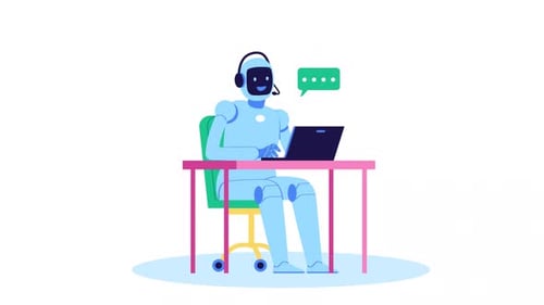 Robot Customer Support Agent Typing on Laptop Flat Design Animation