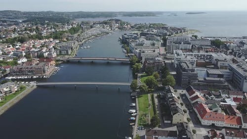 Panning right from the Otra River toward the waterfront of Kristiansand Norway