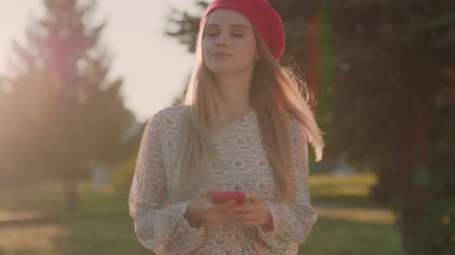 Beautiful Blond Girl Walking in Sunny Park on Picturesque Evening Elegant Attractive Caucasian Young