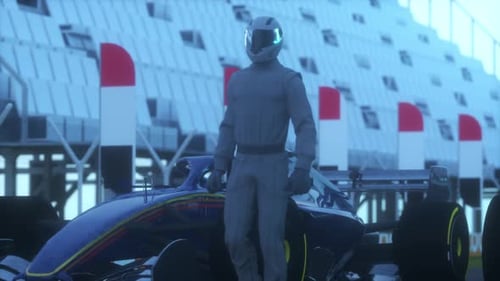 Futuristic Formula Race Car Driver Standing on Track
