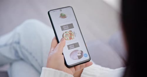 Food, phone scroll and hand with online shopping for meal and restaurant app at home