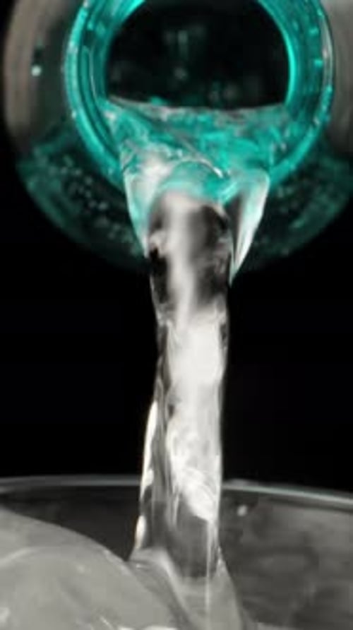 I pour soda into a glass with ice. Turquoise bottle. Rotation. Dolly slider extreme close-up inside.