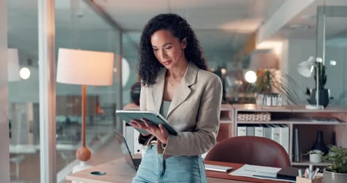 Office, finance and business woman on tablet for online trading news, investment research