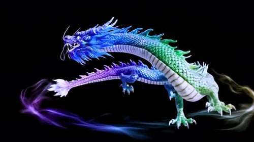 Vibrant dragon breathing fire in dynamic pose against black background
