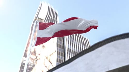 Realistic Austrian Flag Waving in Wind Against Modern City Skyline