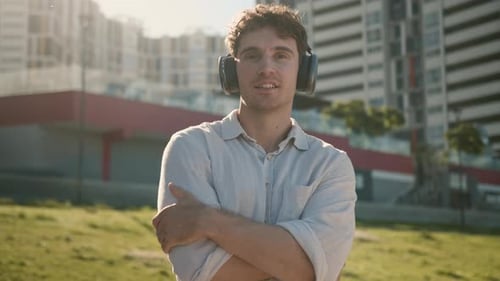 Caucasian Man Headphones Earphones Listening Music Relax Device Technology Businessman Male Guy City