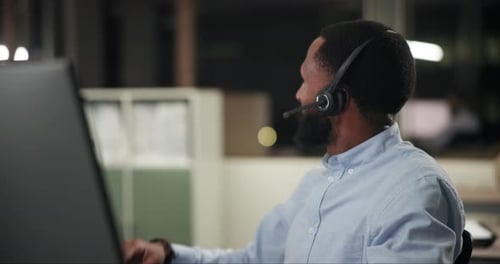 Call center, business man and microphone with computer for research, planning