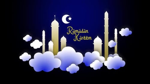 Animated Ramadan Kareem Greeting with Mosque and Glowing Clouds