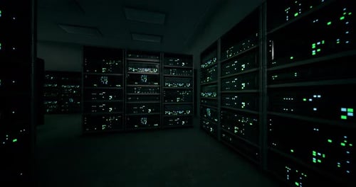 Futuristic Data Center Server Room with Blinking Lights