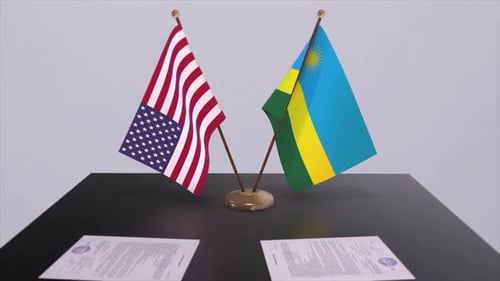 Rwanda and USA at the negotiating table, a diplomatic deal. Business and politics animation