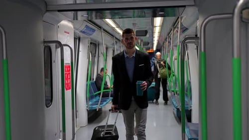 Businessman walking on subway car holding reusable coffee cup