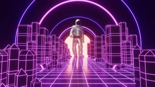 VJ retro white astronaut walk saber glow cyberpunk style loop dark pink violet scifi neon