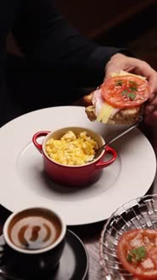 A delicious breakfast at a European restaurant. Close-up