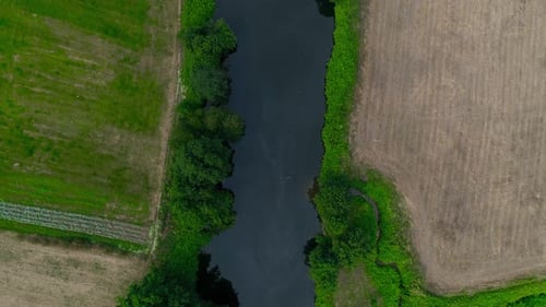 Aerial View River Between Green Trees and Rural Field