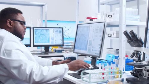 Scientist Working at Computer in Bright Laboratory