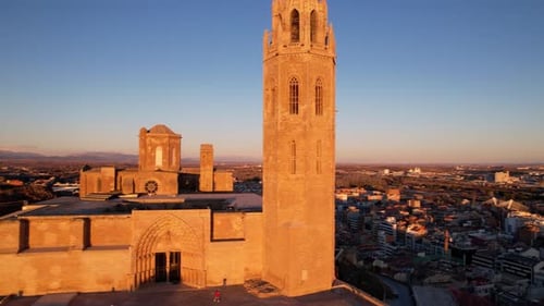 Panoramic aerial drone view of old medieval 13th century Cathedral of St Mary Cloister and tower
