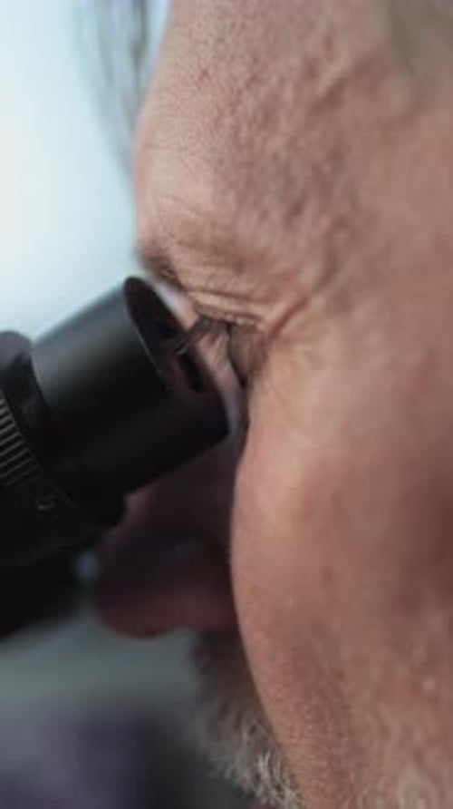 Vista aproximada de um microbiologista maduro conduzindo análise de fósseis sob microscópio