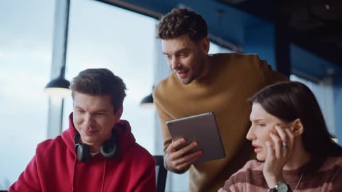 Office Coach Advising Employees at Company Workspace Closeup Smiling Executive